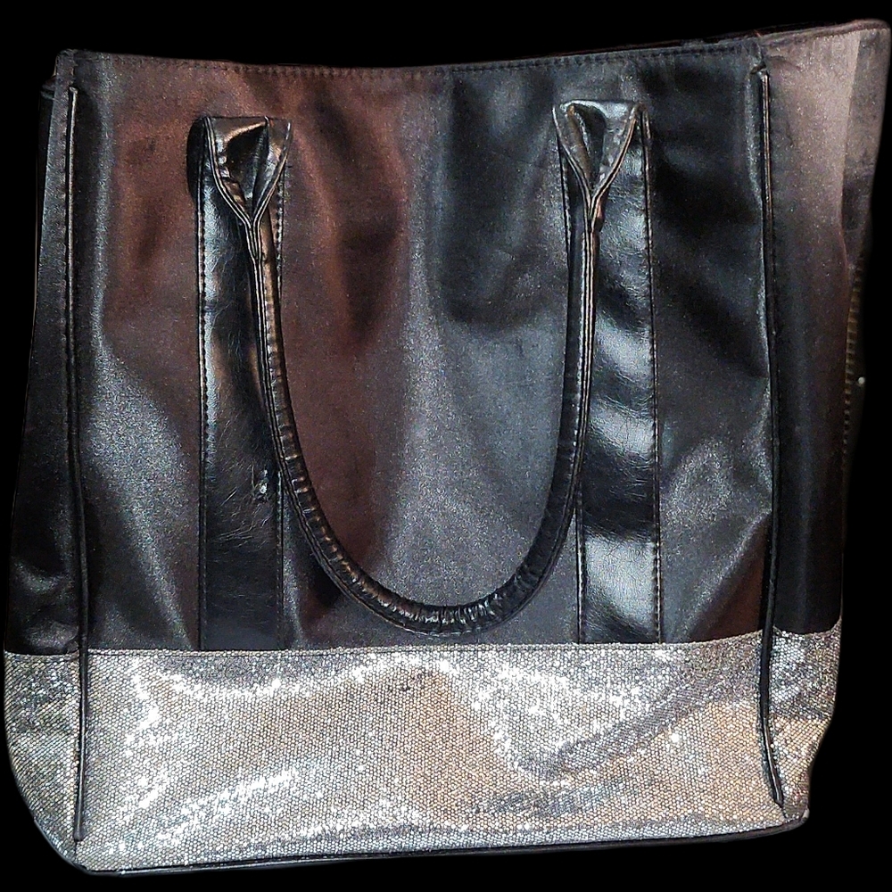 Black Satin and Silver Purse Tote Bag 16.5" x 13" x 8" x 8"